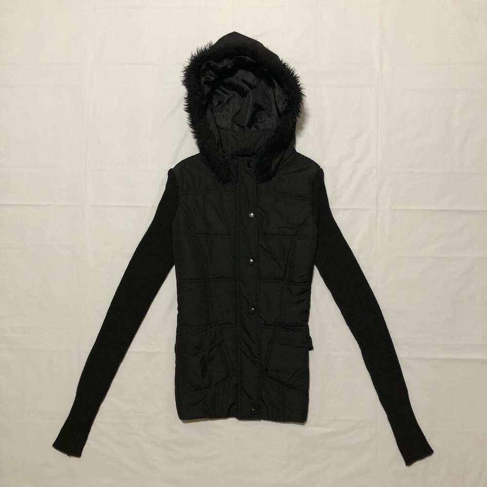 Say What? Women’s Long Sleeve Mixed-Media Black Hooded Jacket S